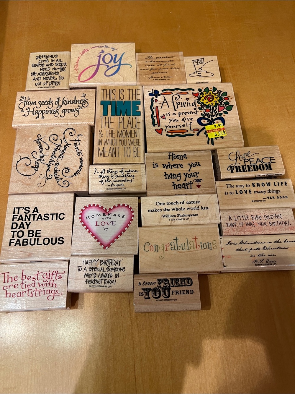 Lot of 21 Wooden Sentiment rubber Stamps  -mostly new and unused!